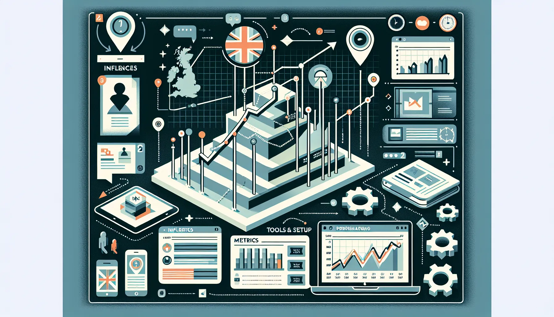 Three-panel UK-focused infographic on ranking influences, metrics, and tracking tools.