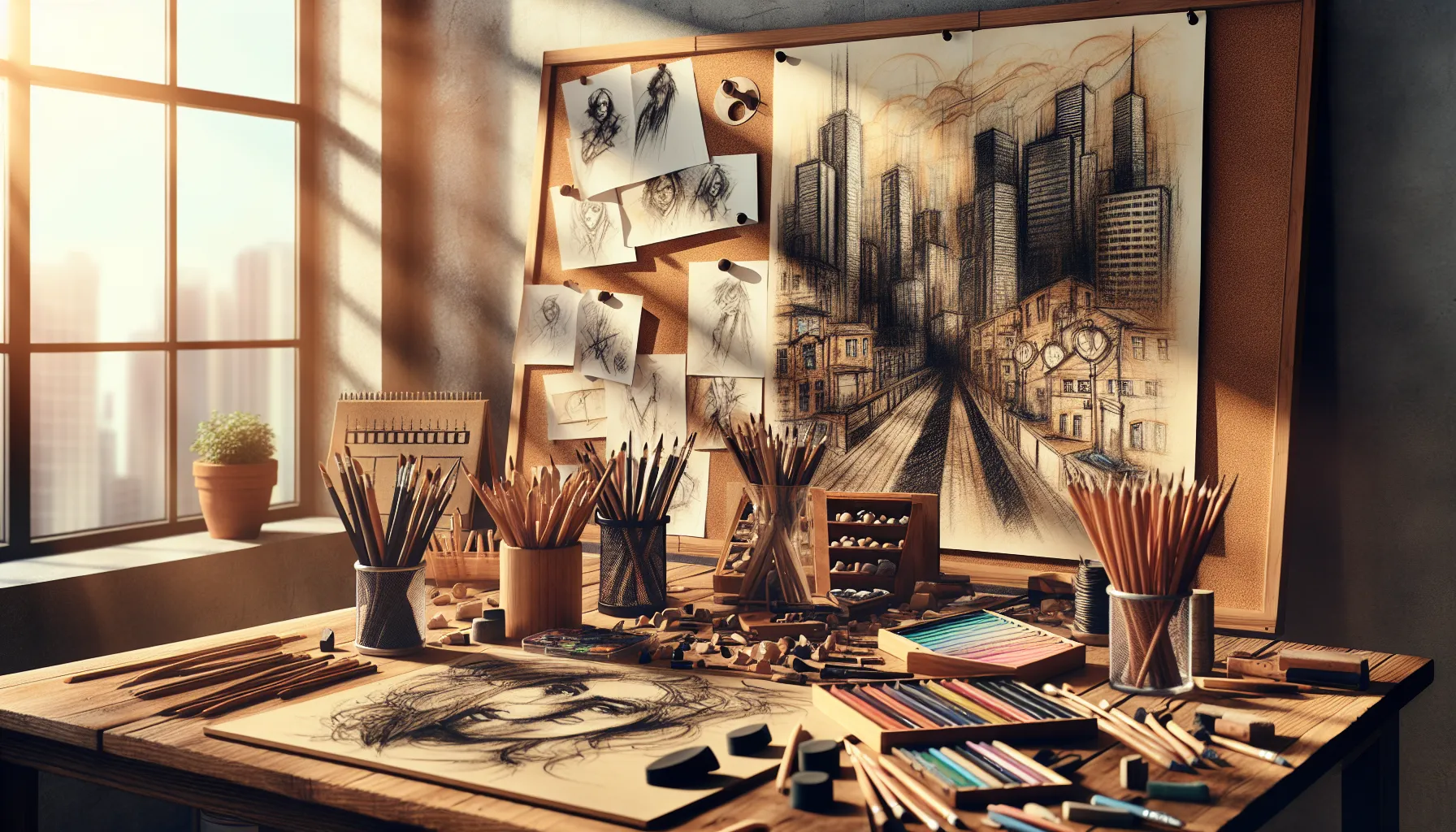 A table displaying sketching and drawing tools and artworks.