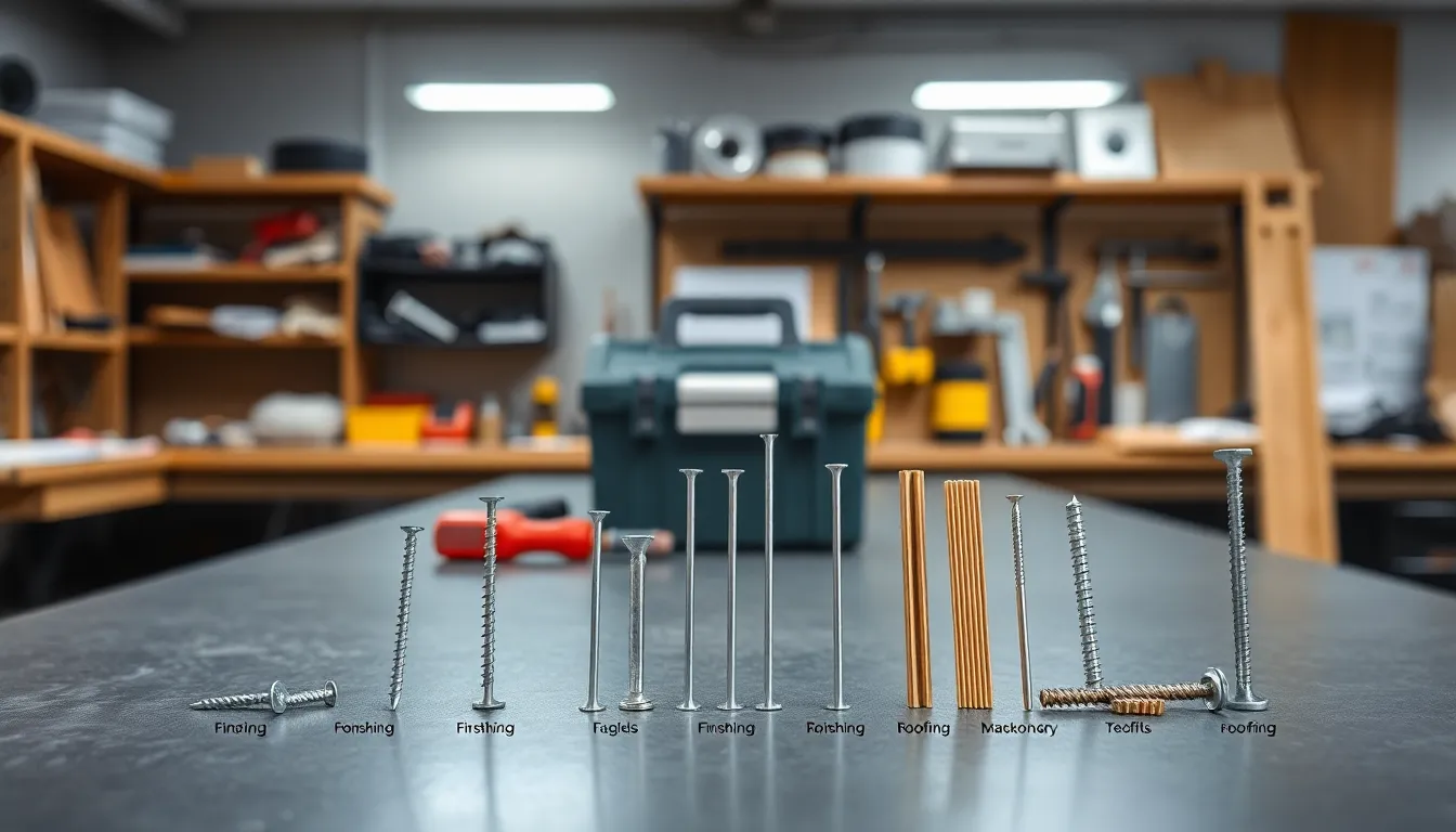 variety of nail types displayed on a tidy workbench.