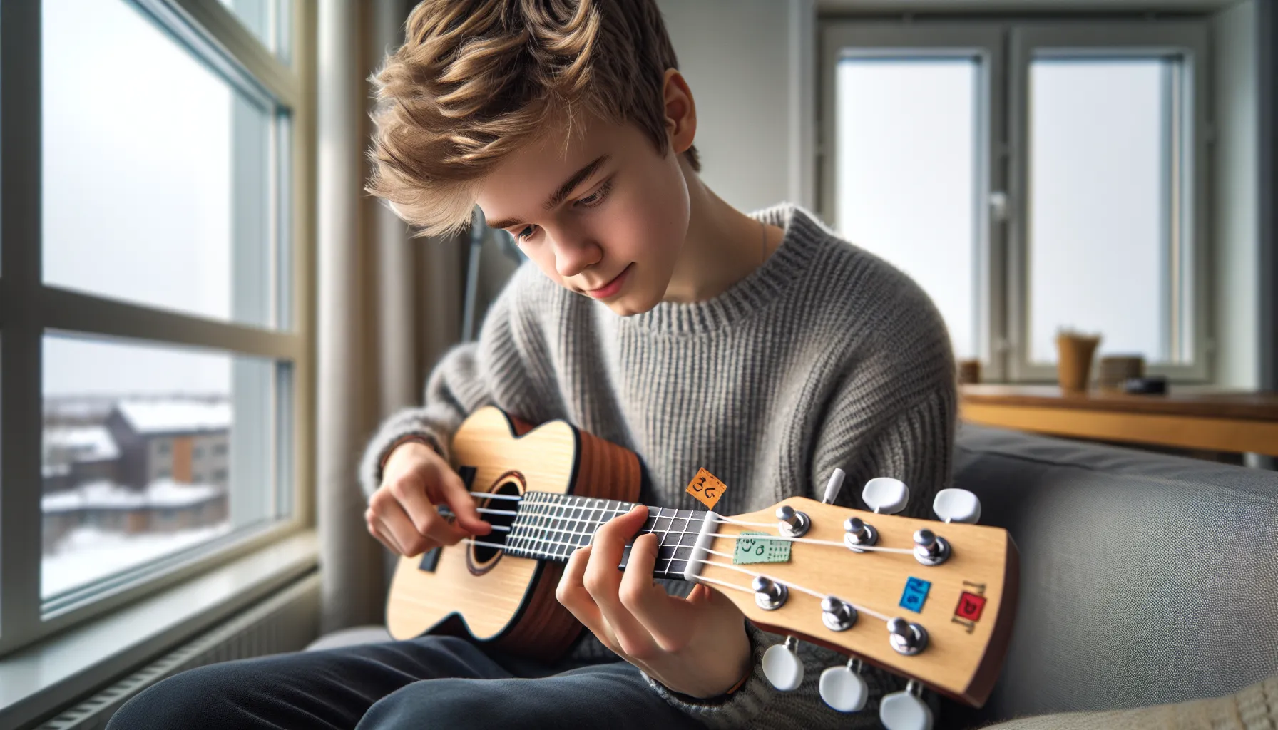 Norwegian teen studying ukulele fretboard with labeled strings and tuner app.