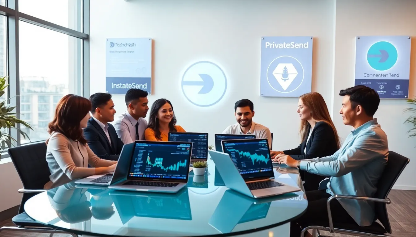diverse team discussing Dash cryptocurrency features in a modern office.