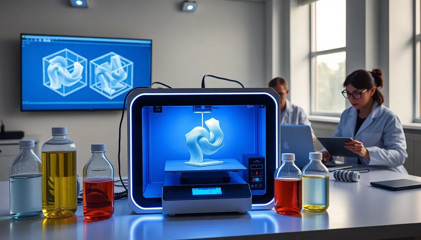 SLA 3D printer in action in a modern workspace setting.