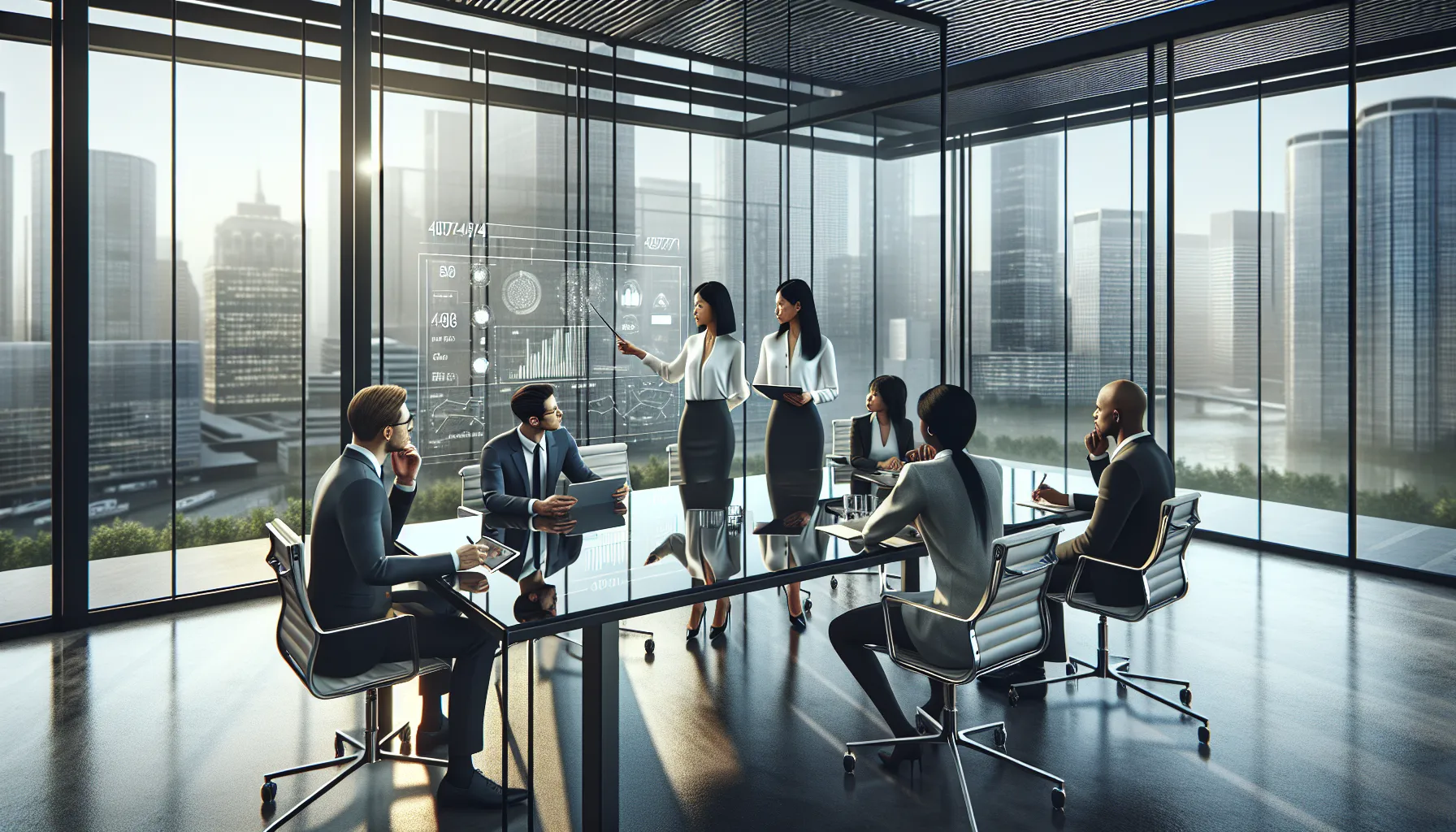 diverse team discussing a significant number in a modern office.