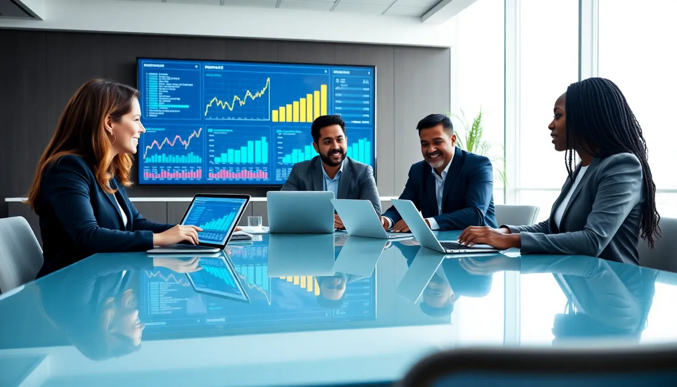diverse team discussing blockchain insights in a modern office.