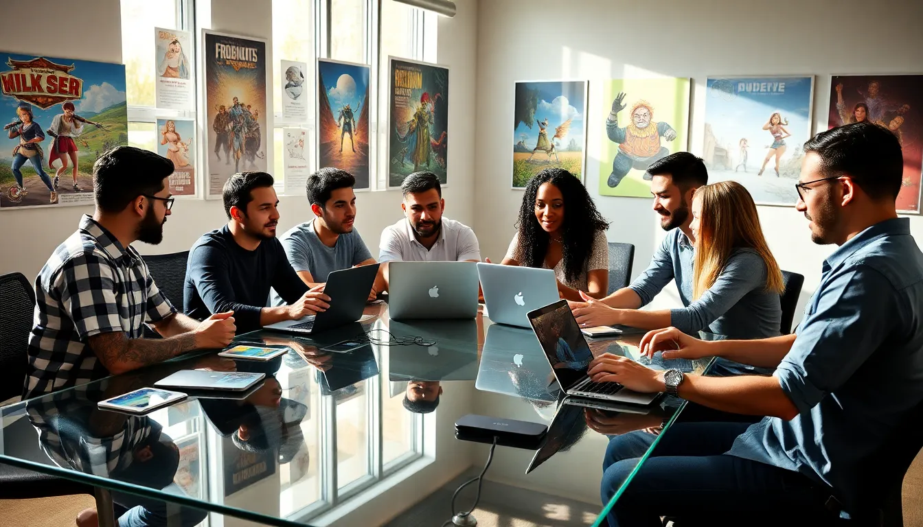 diverse game developers collaborating in a modern creative workspace.