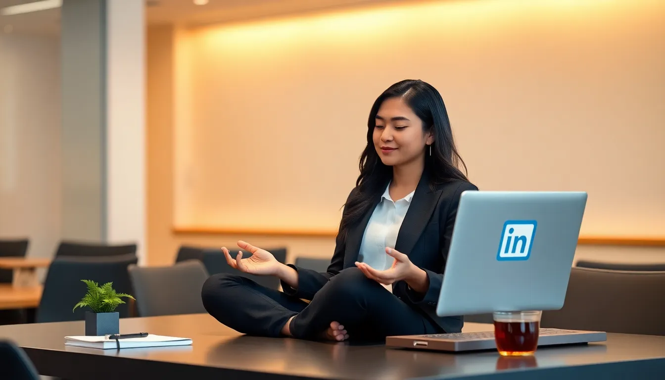 A professional woman practicing mindfulness at her modern office desk.