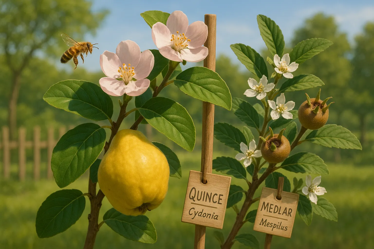 close-up quince branch with flower and bee beside medlar branch with fruits