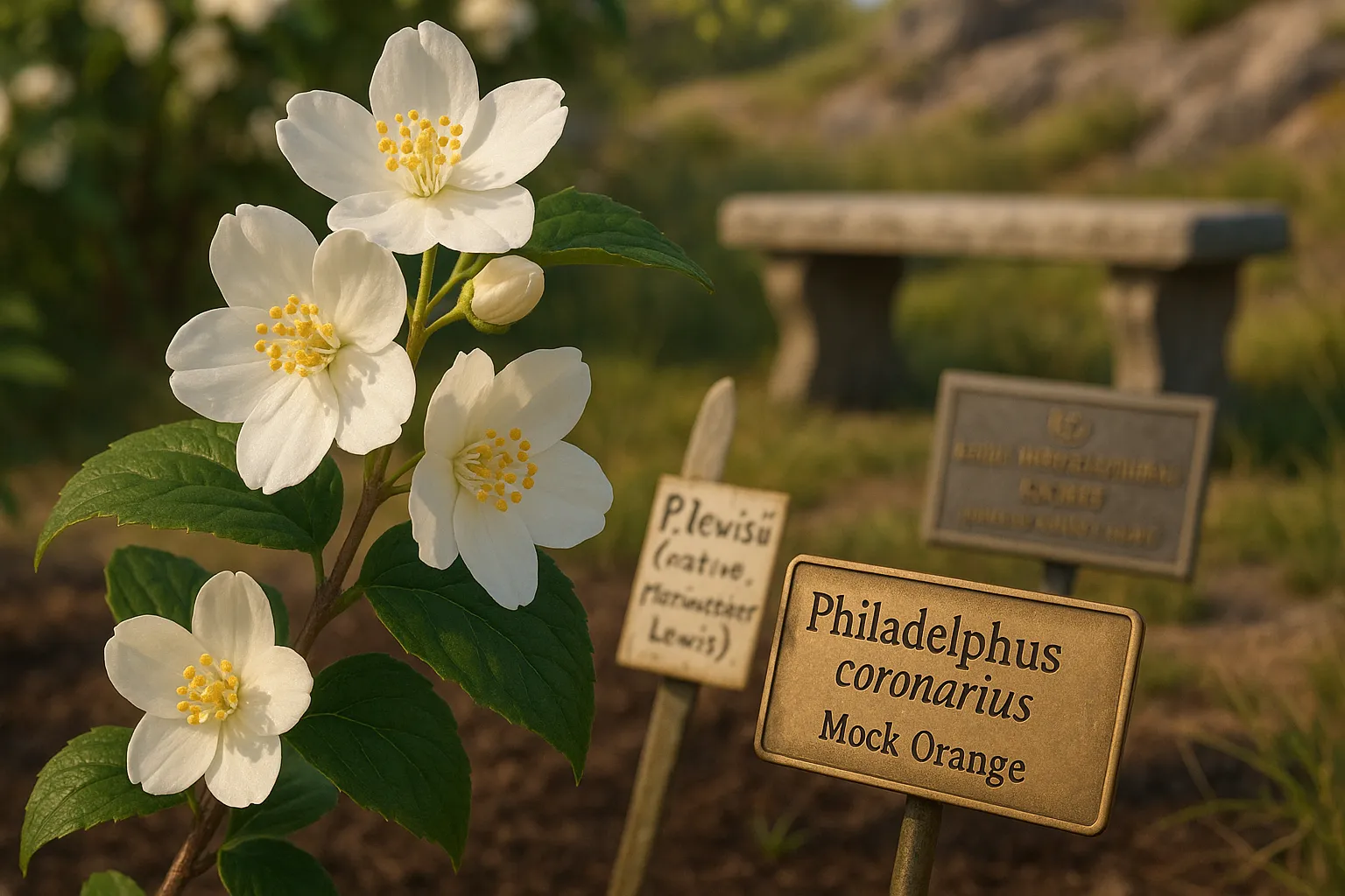 Close-up of white mock orange blossoms with botanical labels in a garden.