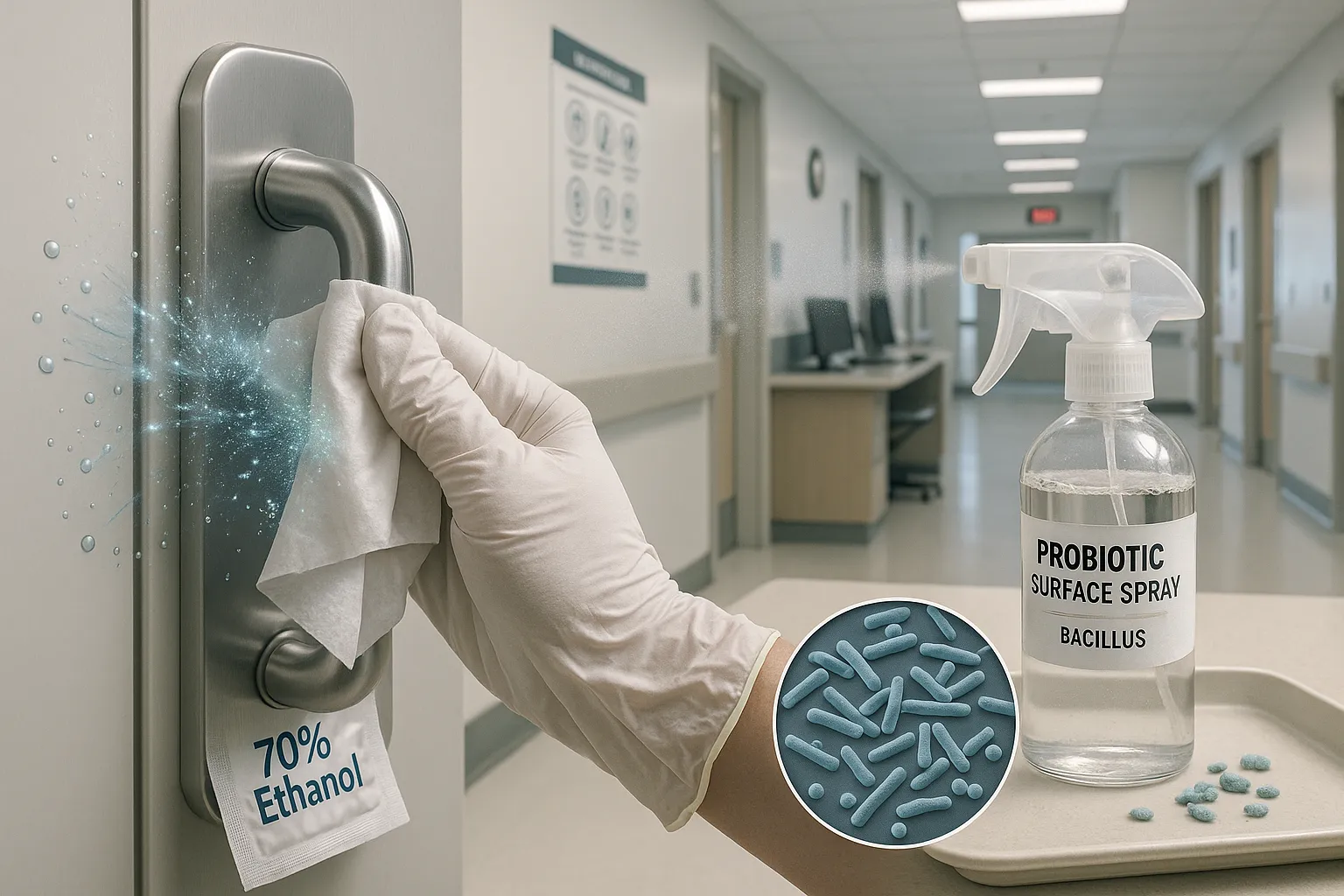 A gloved hand wiping a hospital door handle with an ethanol wipe, probiotic spray visible