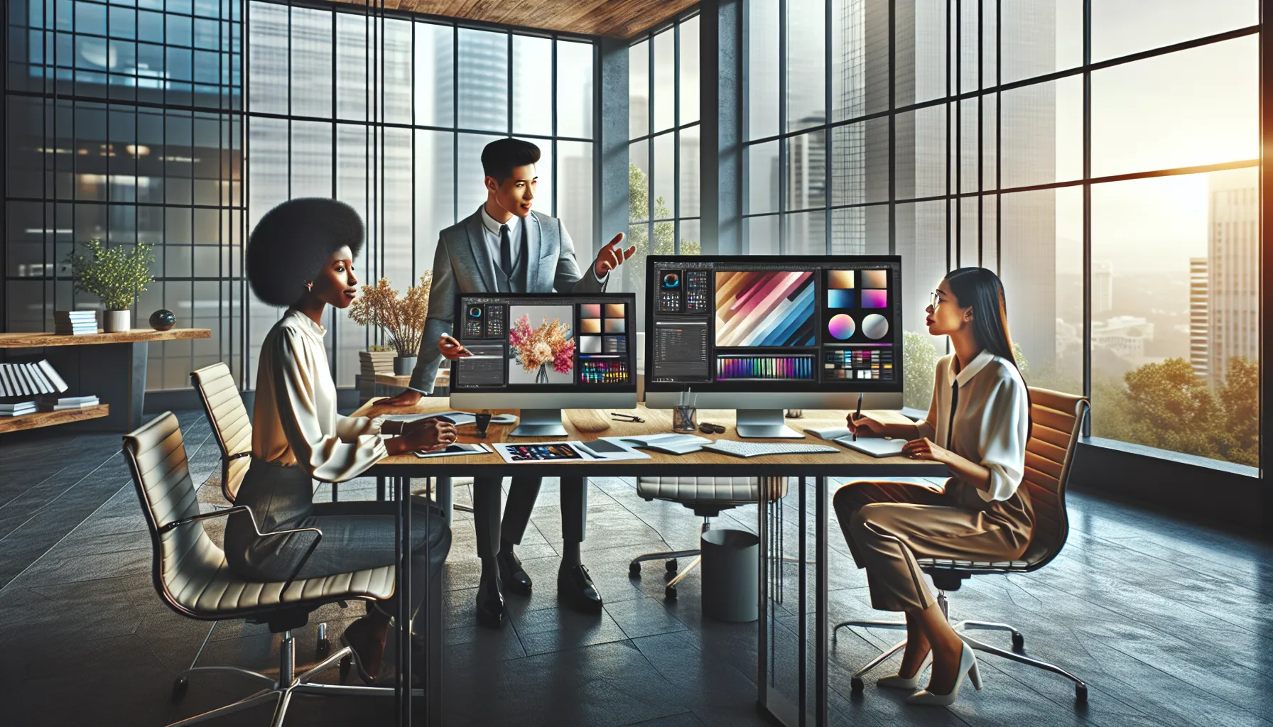 team collaborating on Shotscribus software in a modern office.
