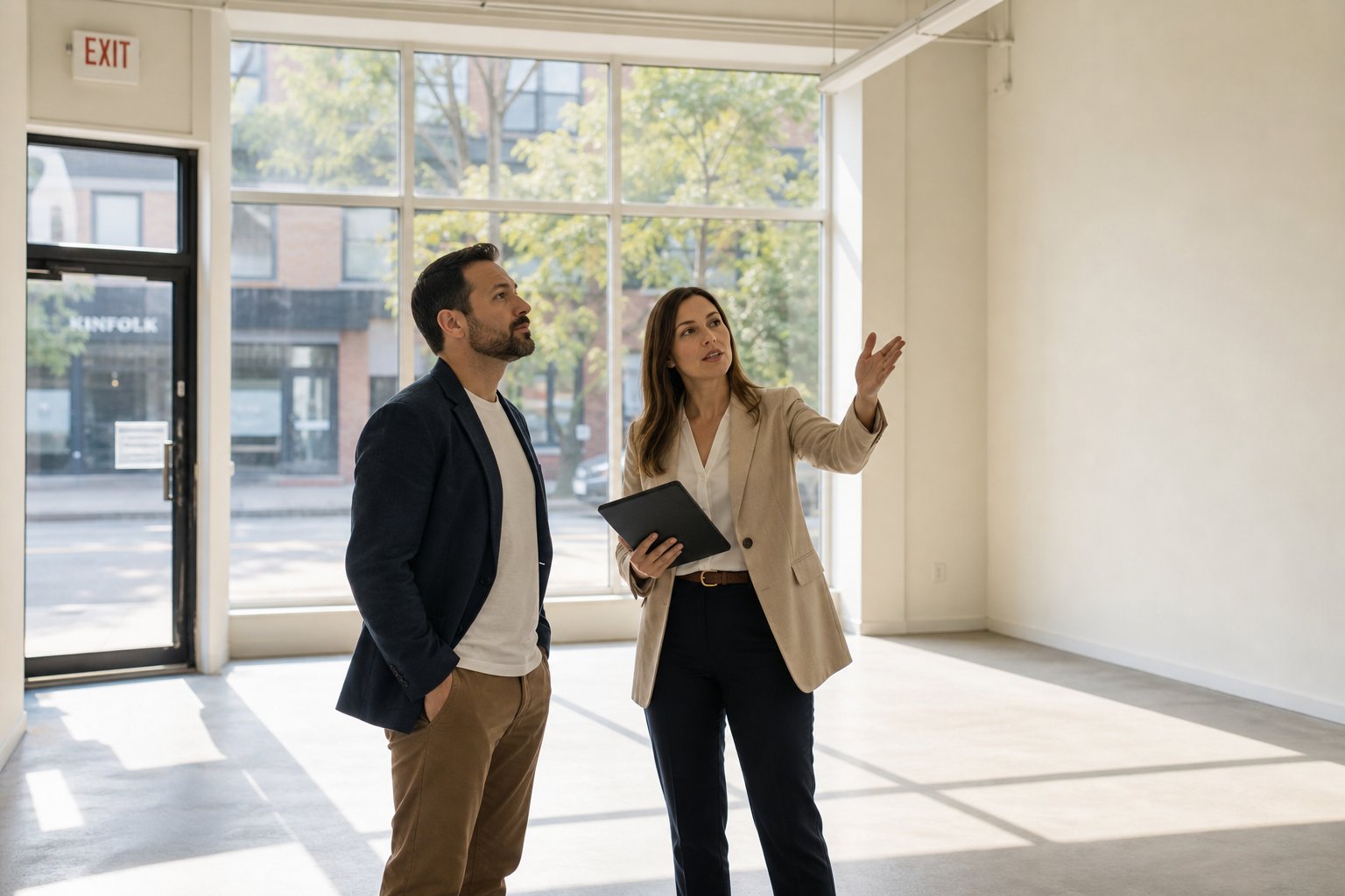 Commercial Mortgage Brokers Blackpool for Purchase and Refinance 12 Business owner and broker inspecting an empty retail unit for financing.