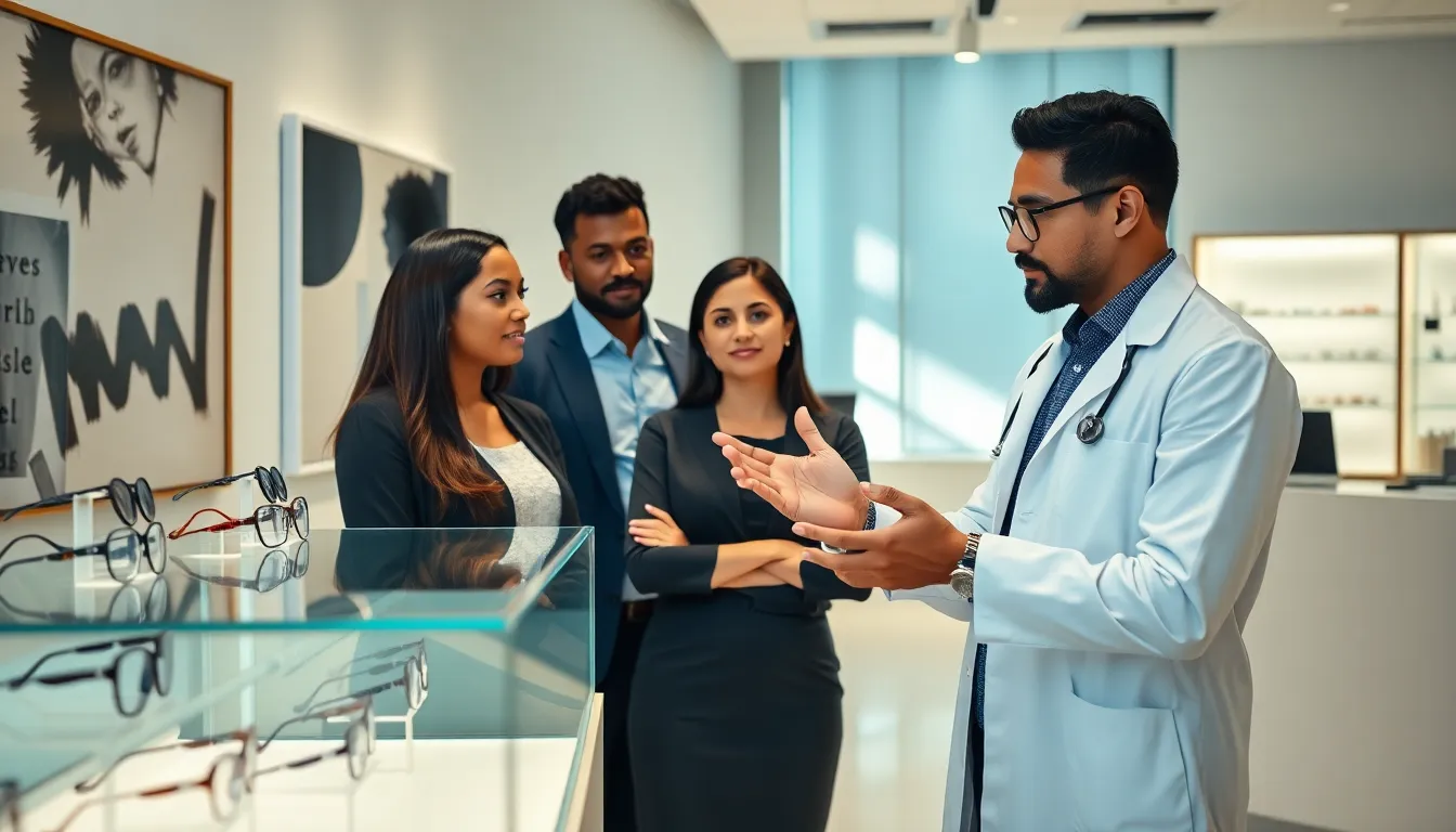 diverse professionals in a modern optometry clinic consulting with a customer.