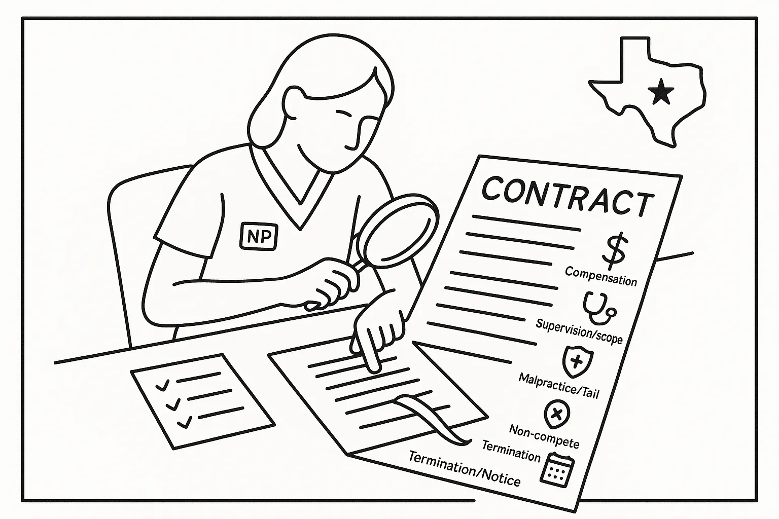 Nurse practitioner examining a contract with icons for key clauses and a Texas outline.