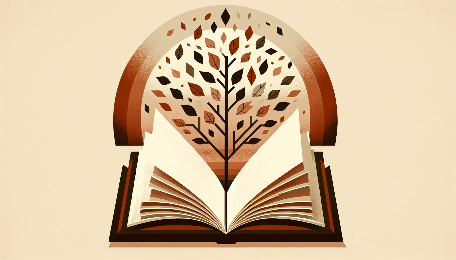 An open book with a simple tree and falling autumn leaves illustration.