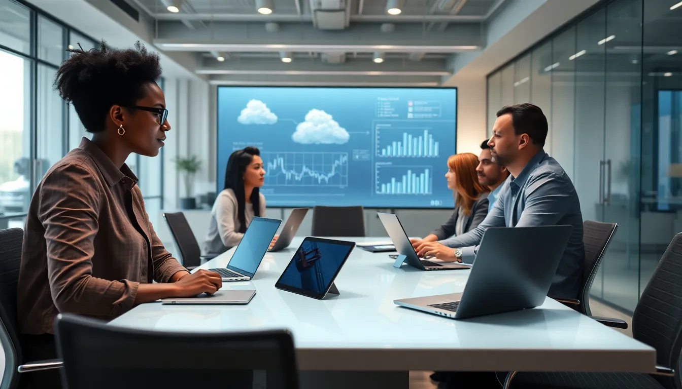 diverse team collaborating in a modern office on computing innovations.