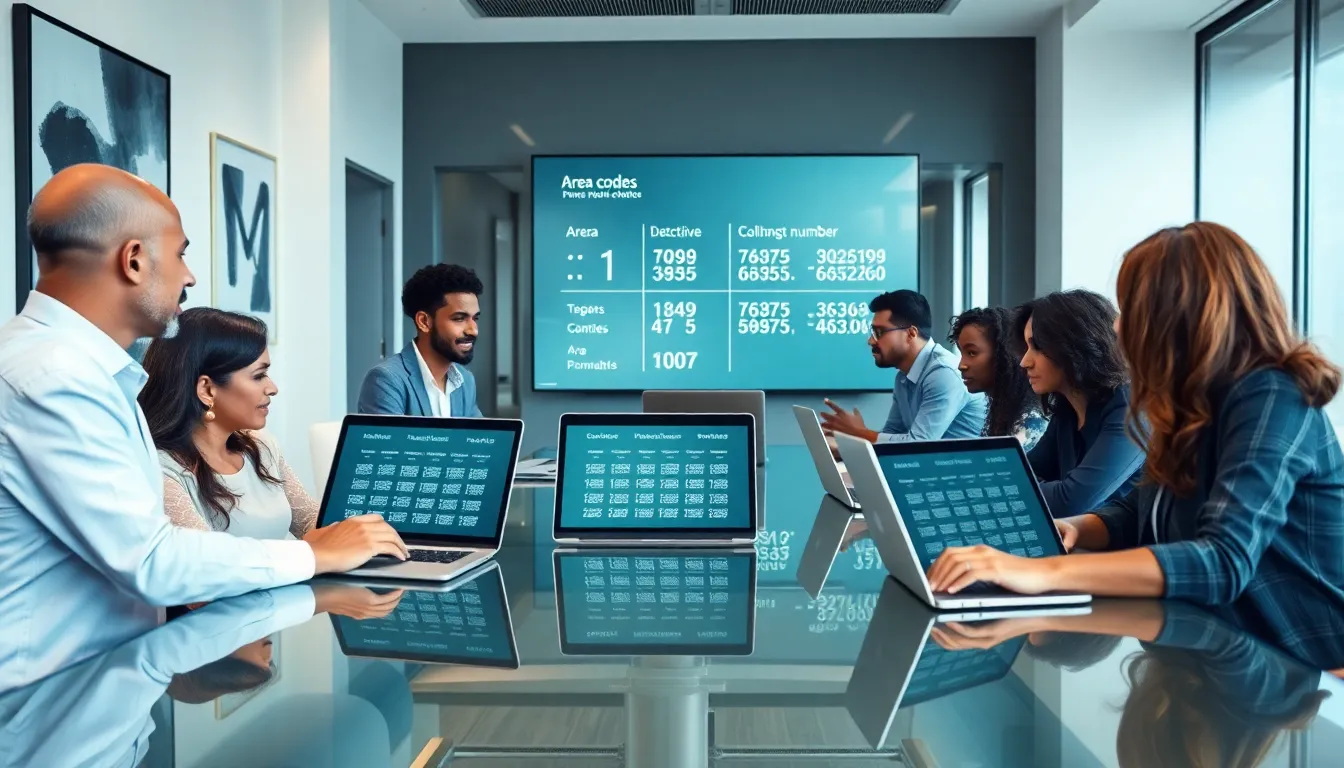 diverse professionals discussing phone number structures in a modern office.