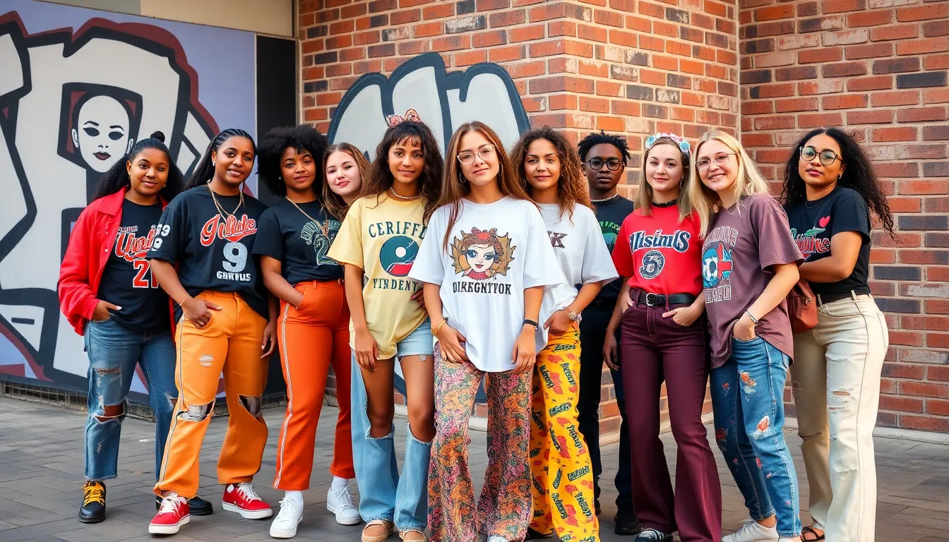 Diverse young adults showcasing vibrant Gen Z fashion trends in a street setting.