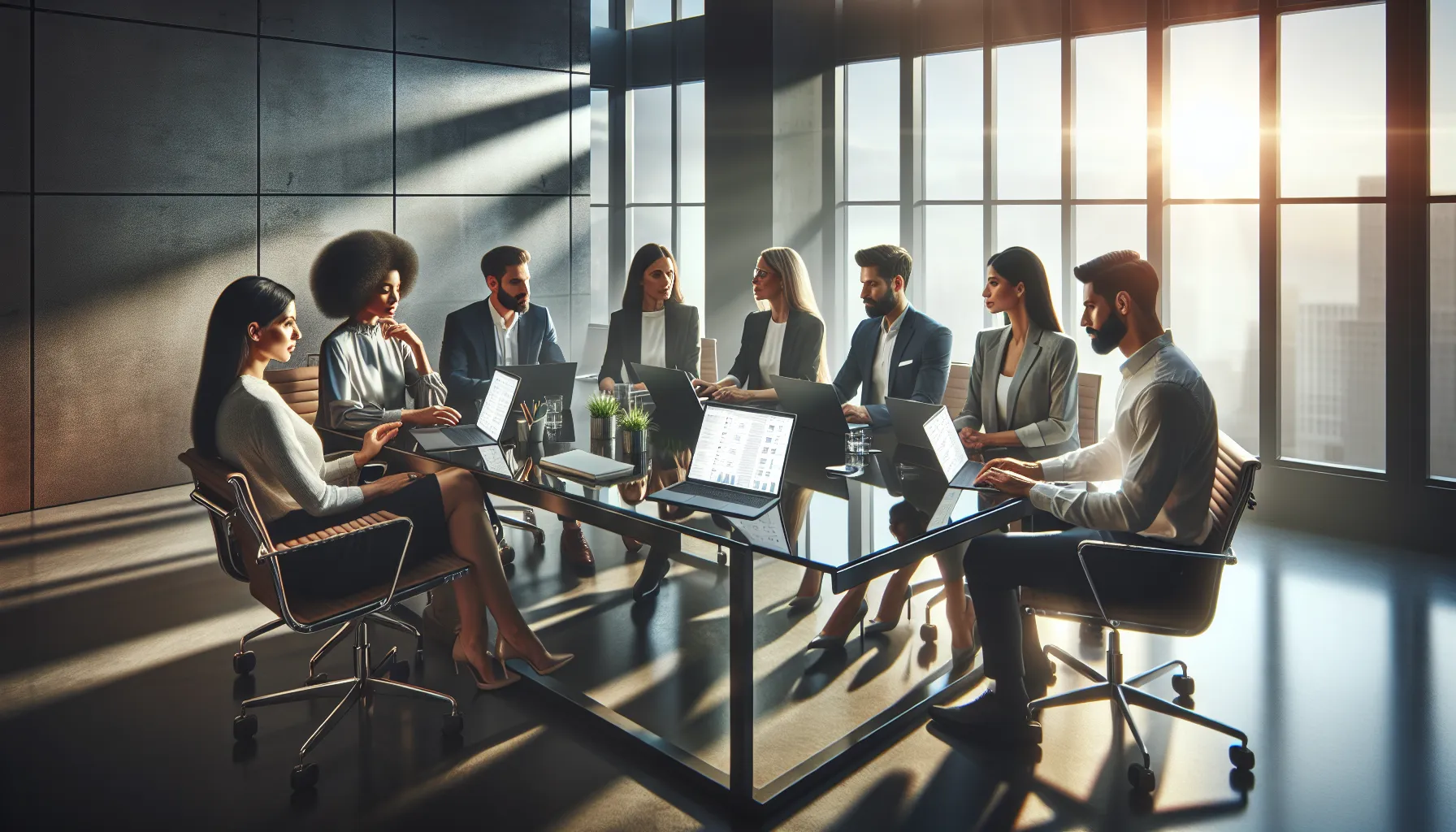 diverse professionals collaborating in a modern office with Meetshaxs software.