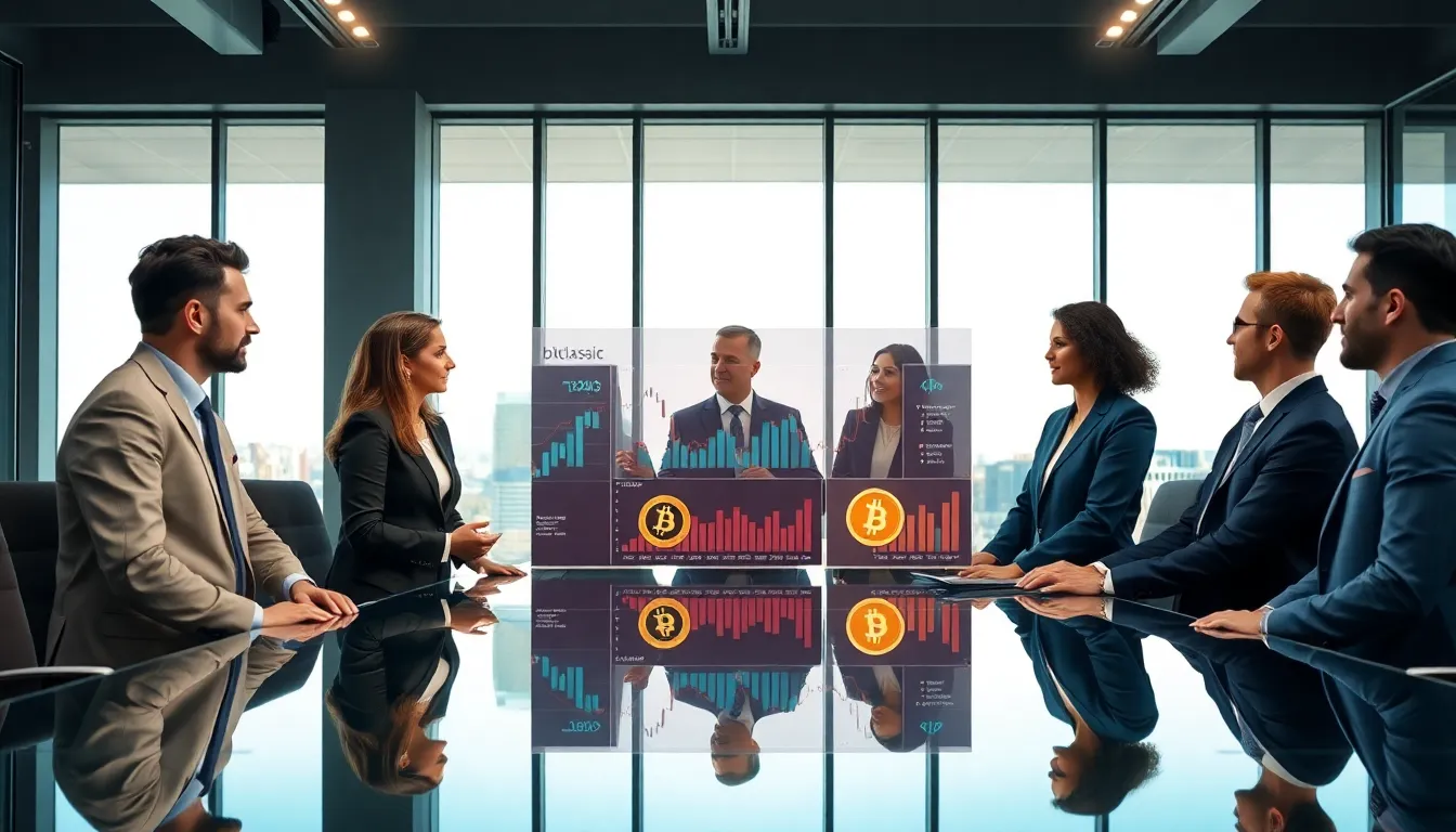 diverse professionals discussing Bitclassic in a modern office.