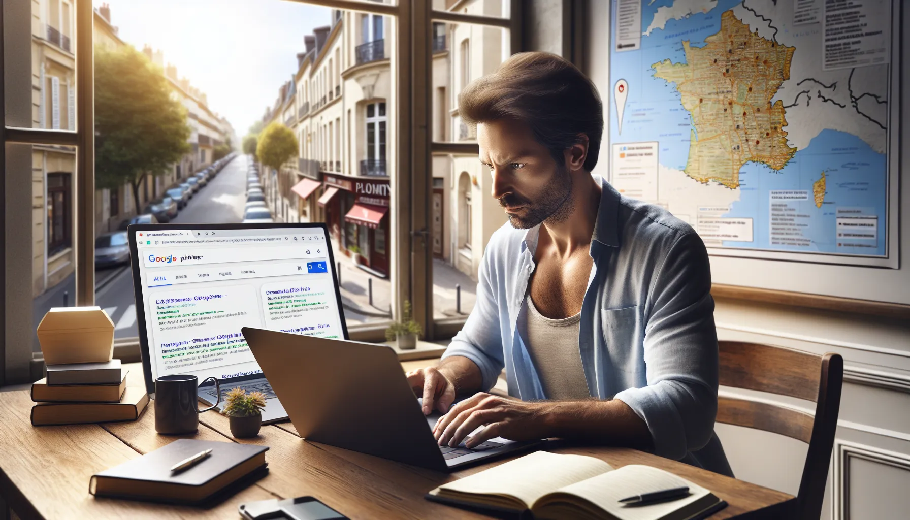 Local business owner in Chevilly-Larue checking Google search results on laptop.