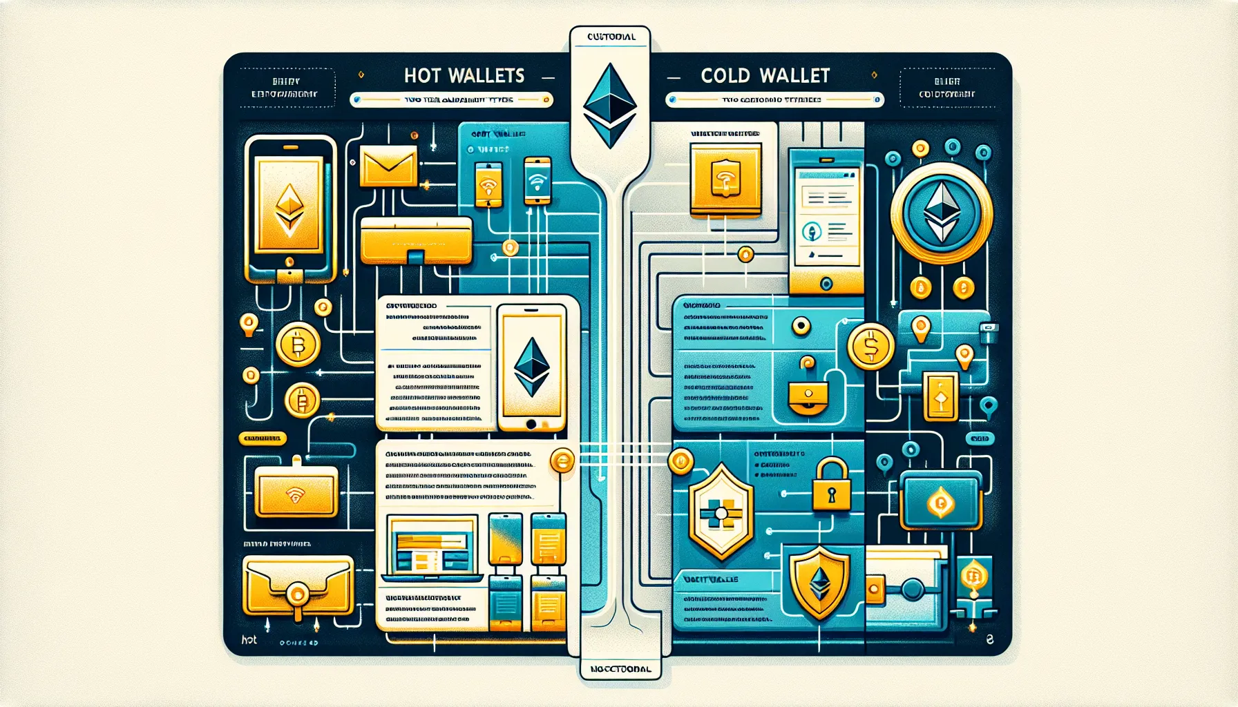 Comparison infographic of Ethereum wallet types: hot vs cold and custodial vs non-custodial.