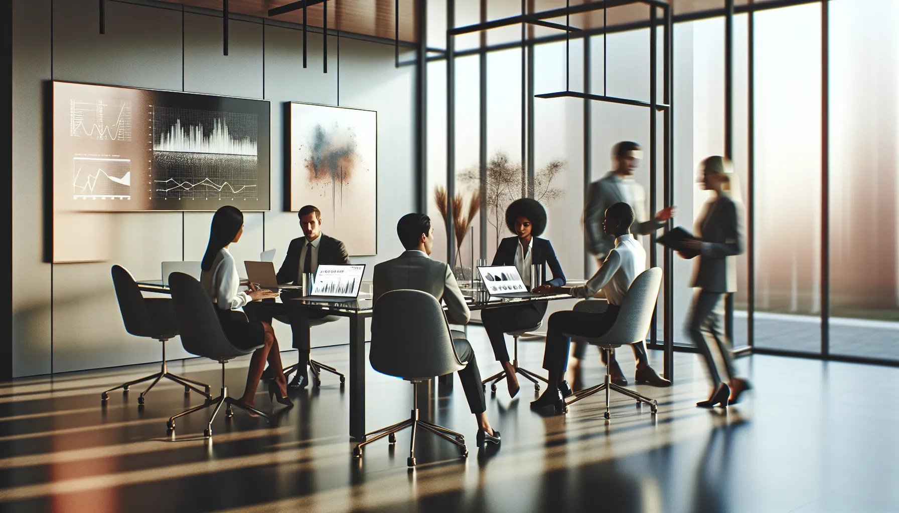 diverse professionals discussing data analytics in a modern office.