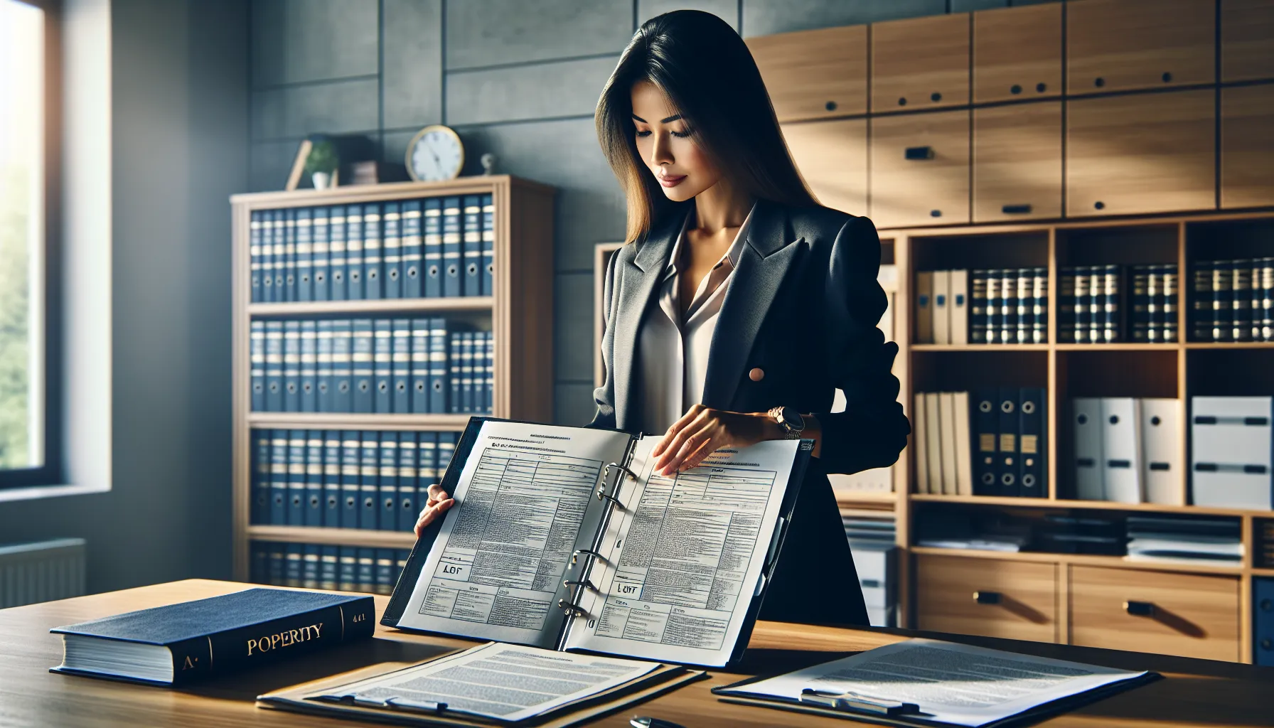 Croatian legal professional reviewing property ownership document at desk