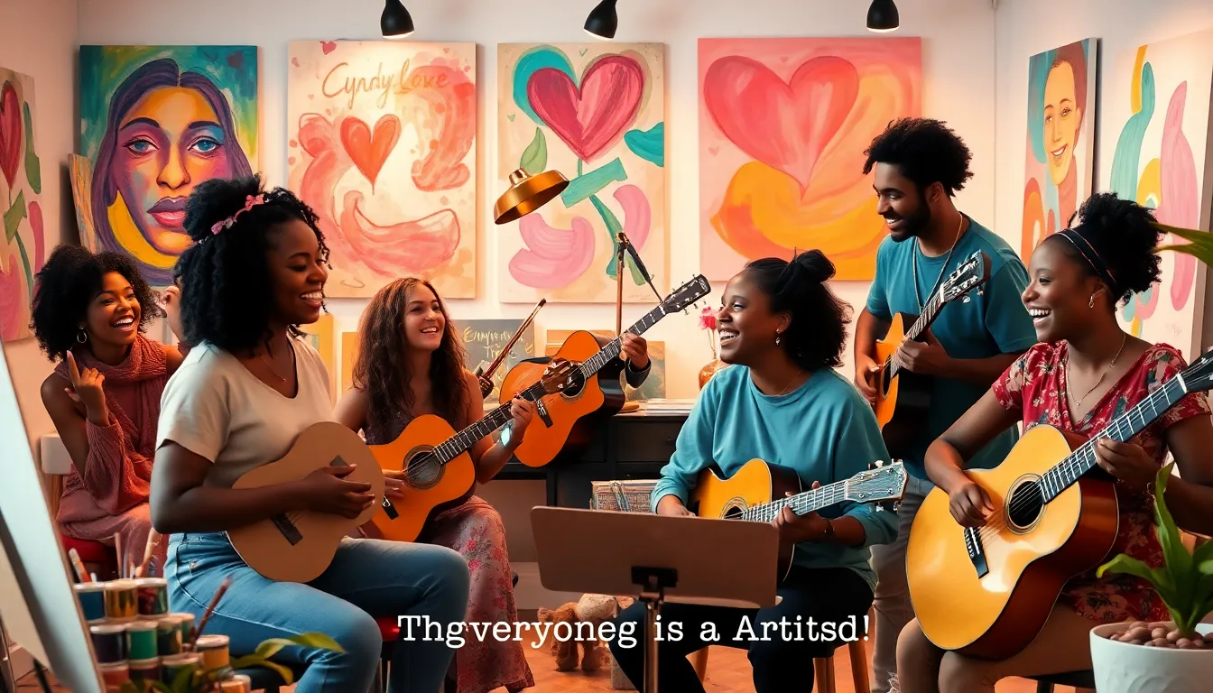 diverse individuals engaged in creative activities in a lively art space.