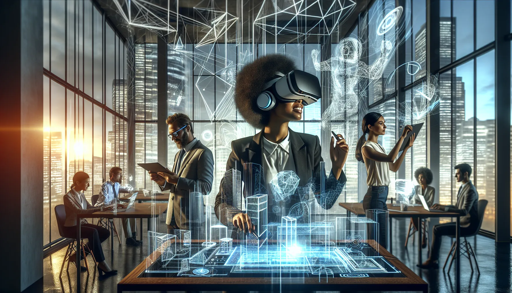 professionals engaging with virtual reality and digital creativity in an office.