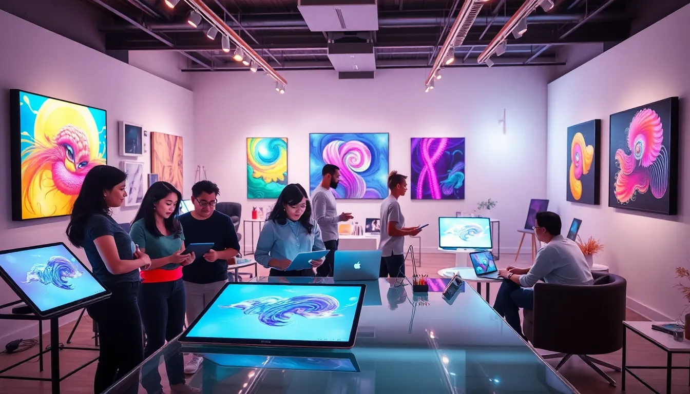 artists collaborating in a modern studio on technology art concepts.