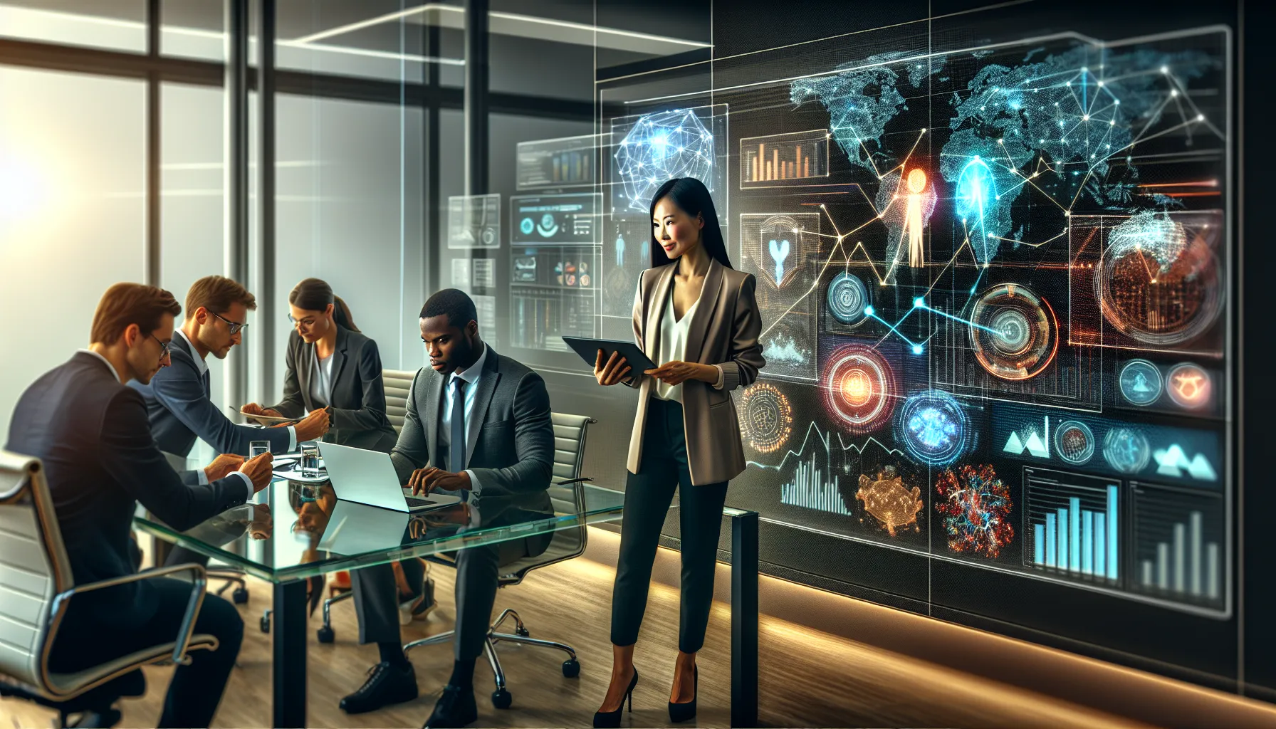 diverse team discussing technology updates in a modern office.