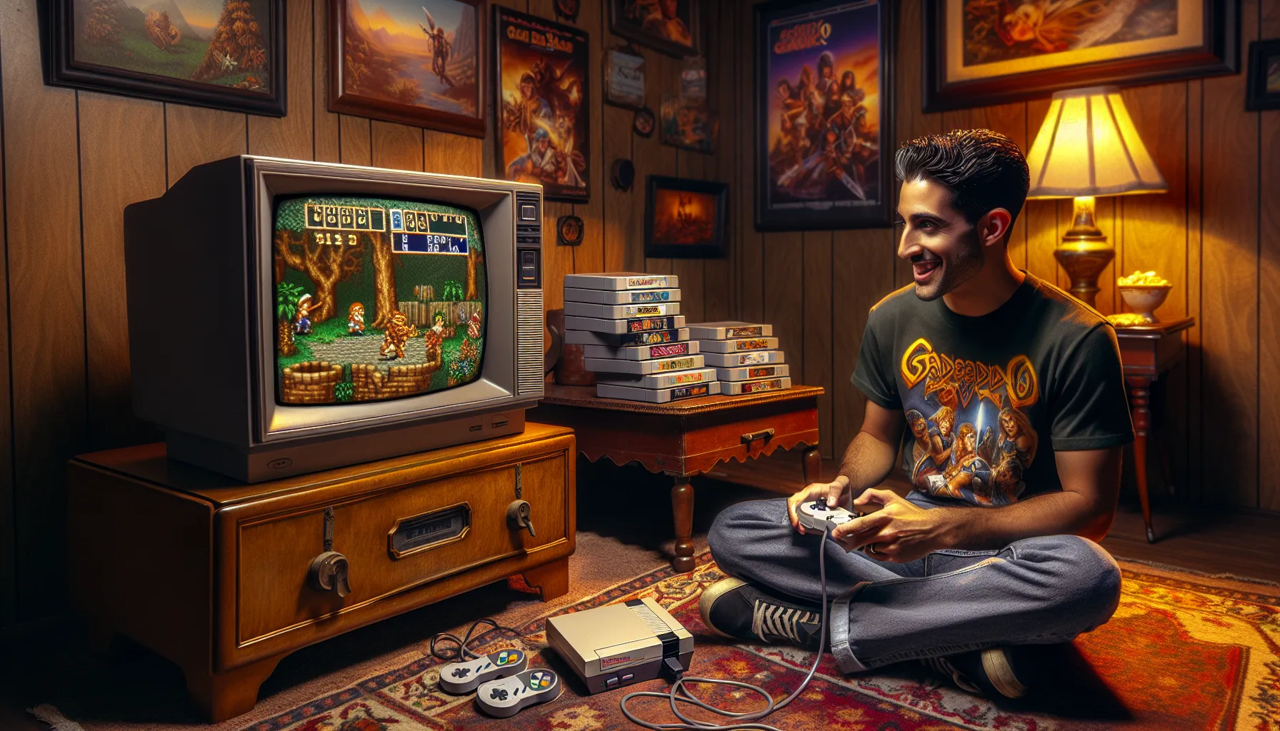 a young man playing the original PlayStation in a nostalgic living room.