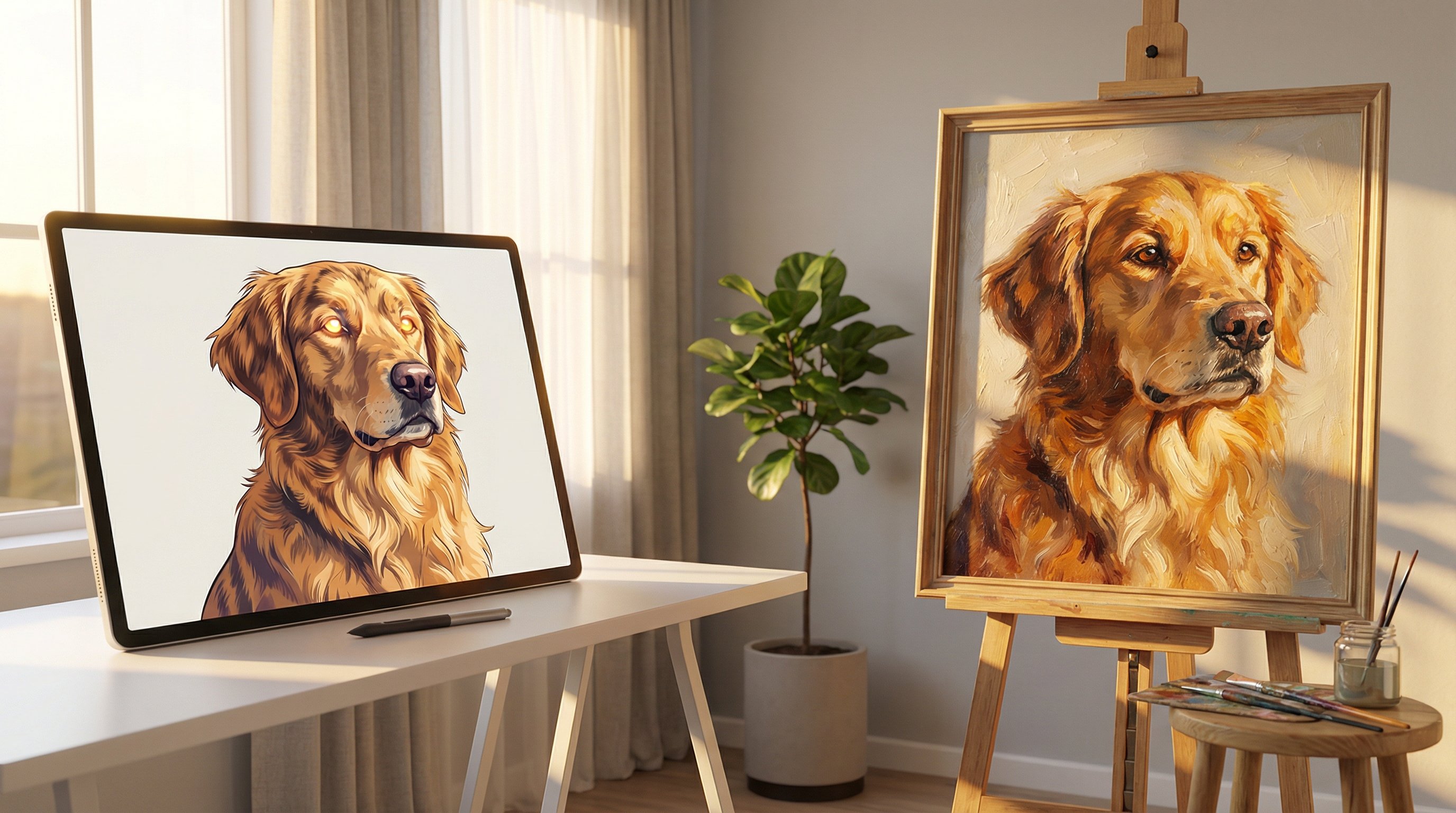 Side-by-side digital and hand-painted canvas pet portraits of a golden retriever.