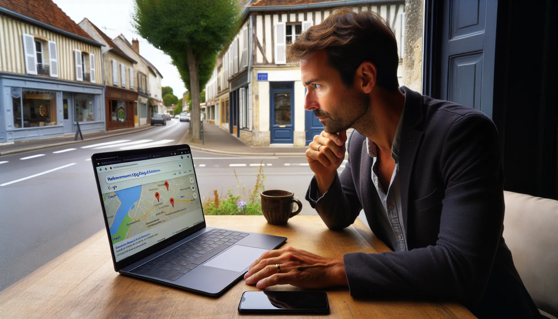 Local shop owner viewing Google search results for Ablon-sur-Seine SEO on laptop.