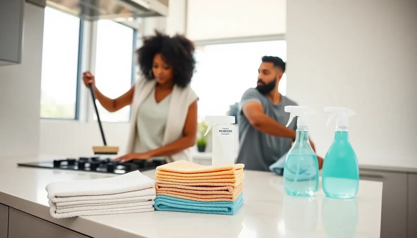 diverse individuals cleaning a modern kitchen with essential tools.