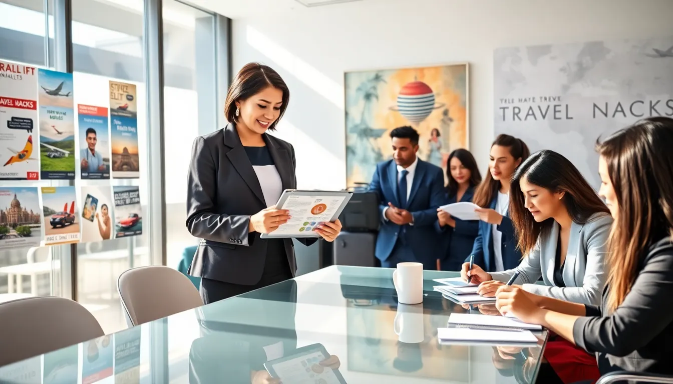 professional discussing luxury travel hacks in a modern office setting.