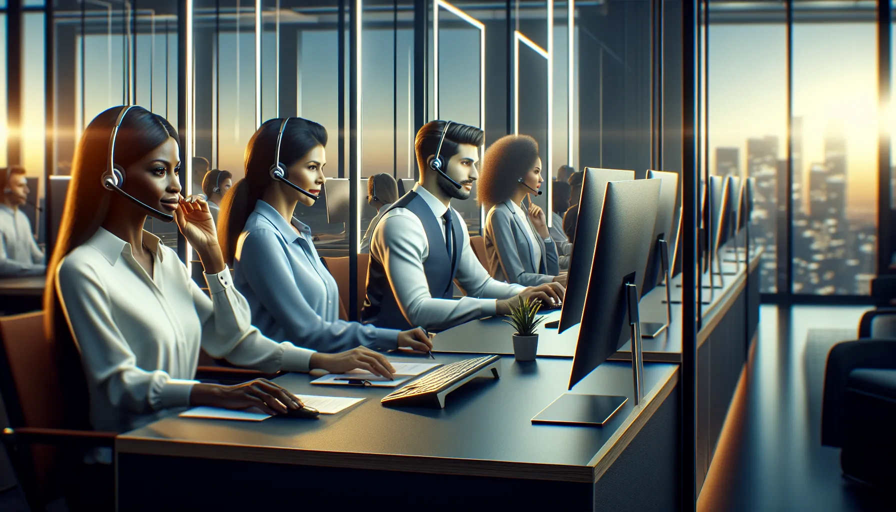 diverse professionals working in a modern call center.