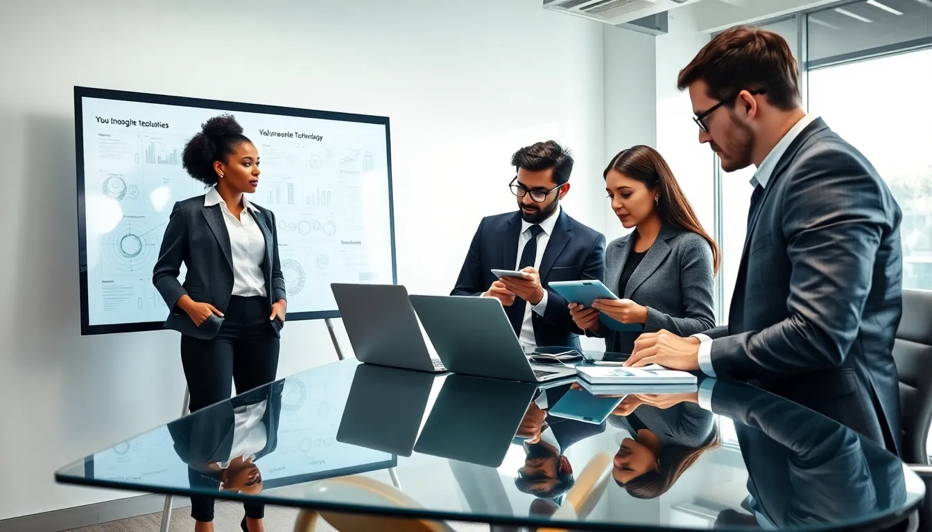 diverse professionals collaborating on innovative technology in a modern office.