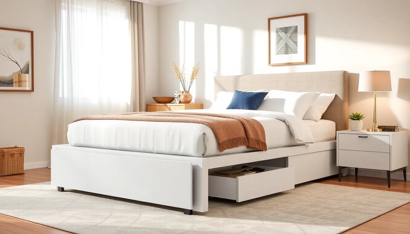 modern full size storage bed frame in an elegantly styled bedroom.