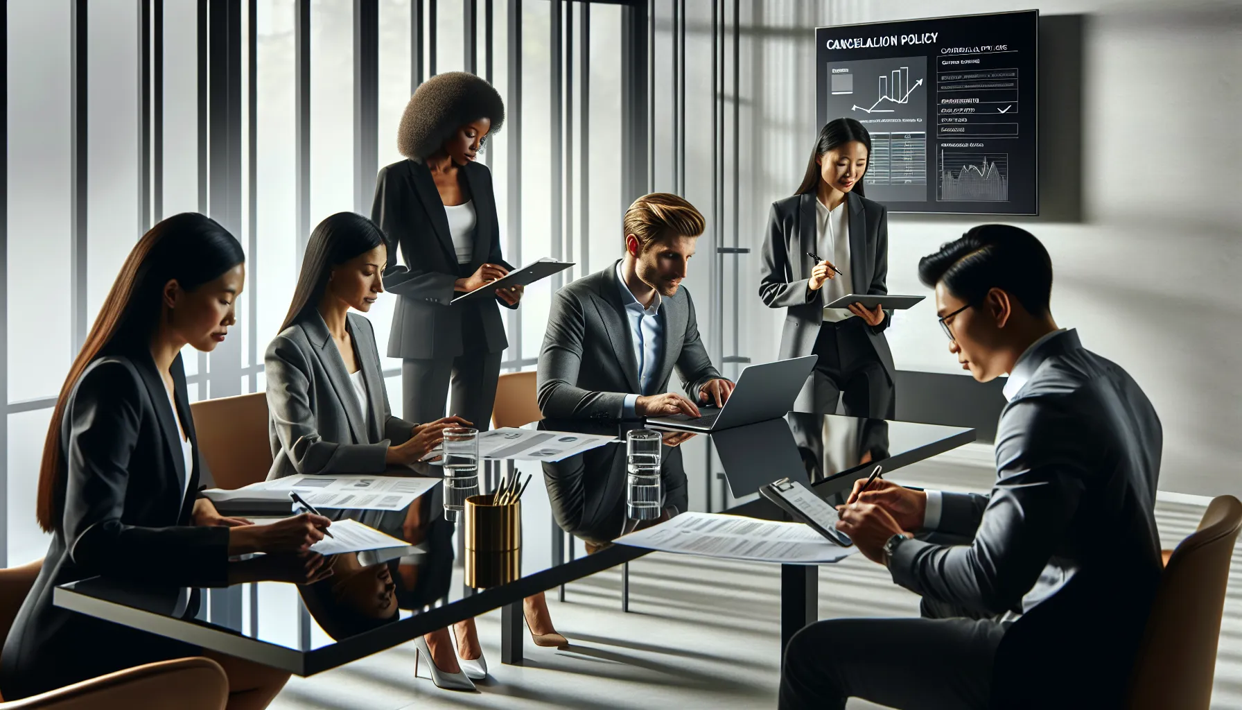 diverse team discussing online order cancellation policies in an office.