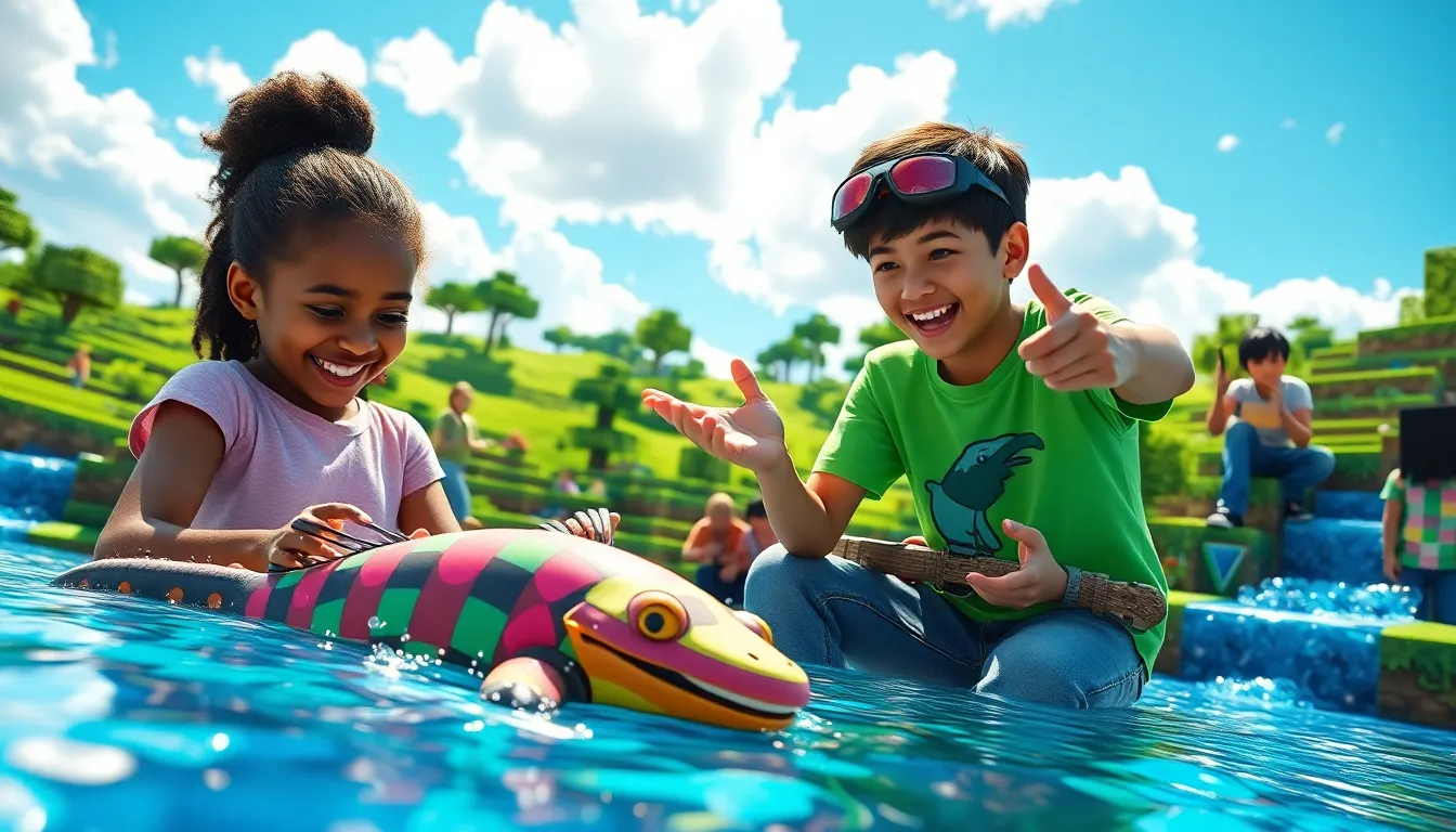 Minecraft players engaging with new features in a vibrant virtual landscape.