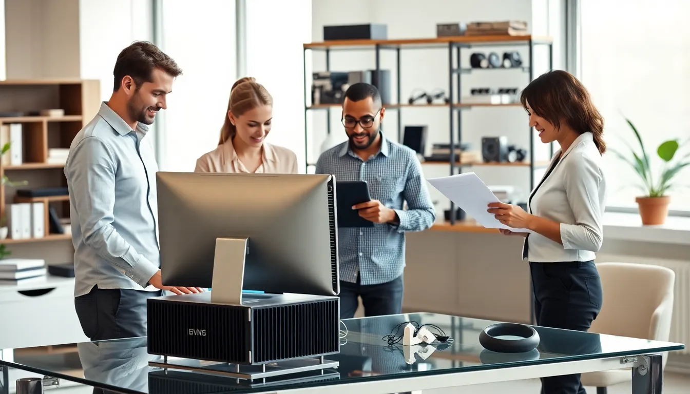 team collaborating around modern WebBizMagnet hardware in a bright office.