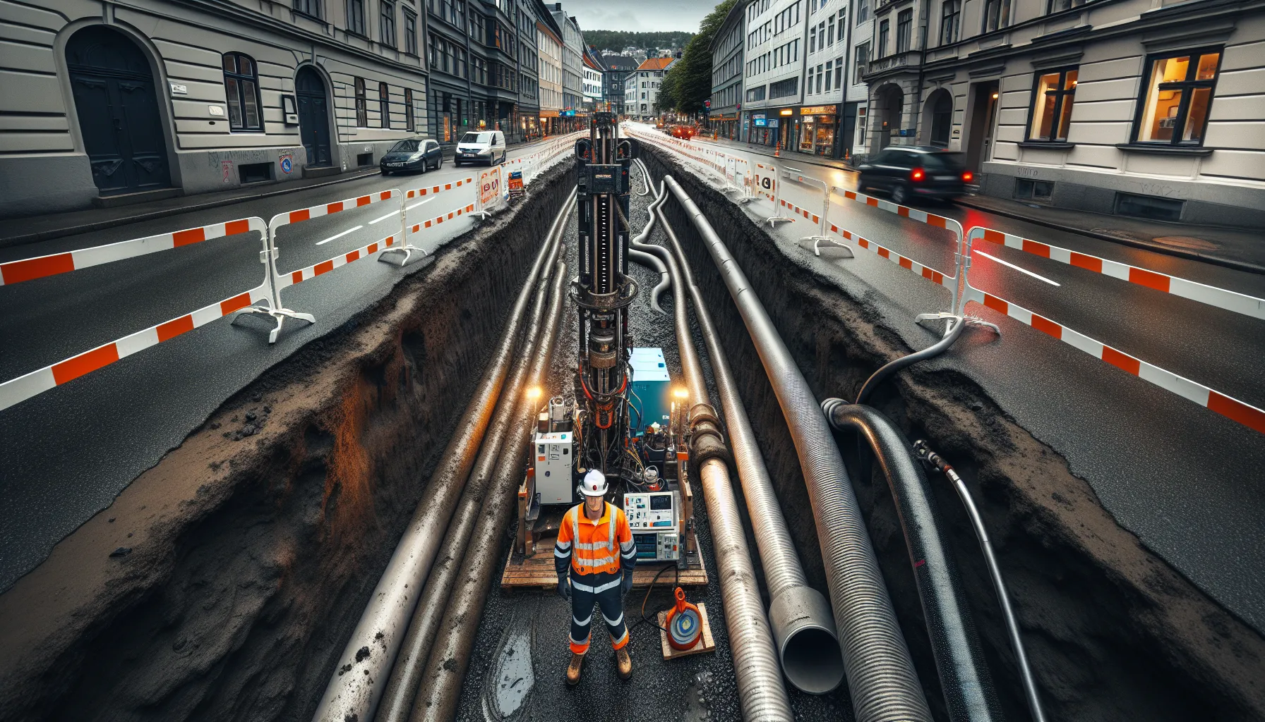 Trenchless drilling rig installs pipe under a norwegian city street with traffic flowing.