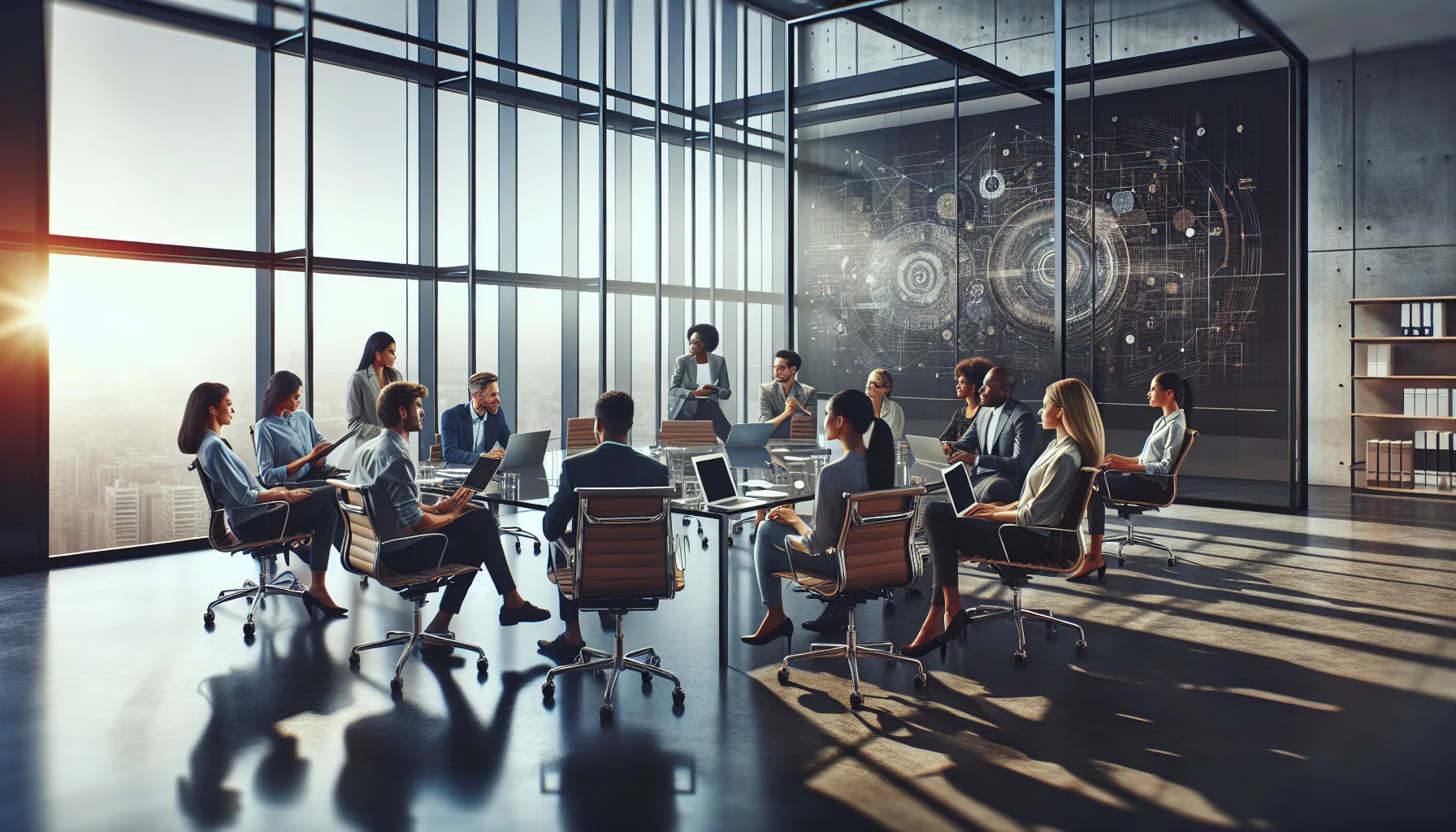 diverse team discussing innovations in a modern office.