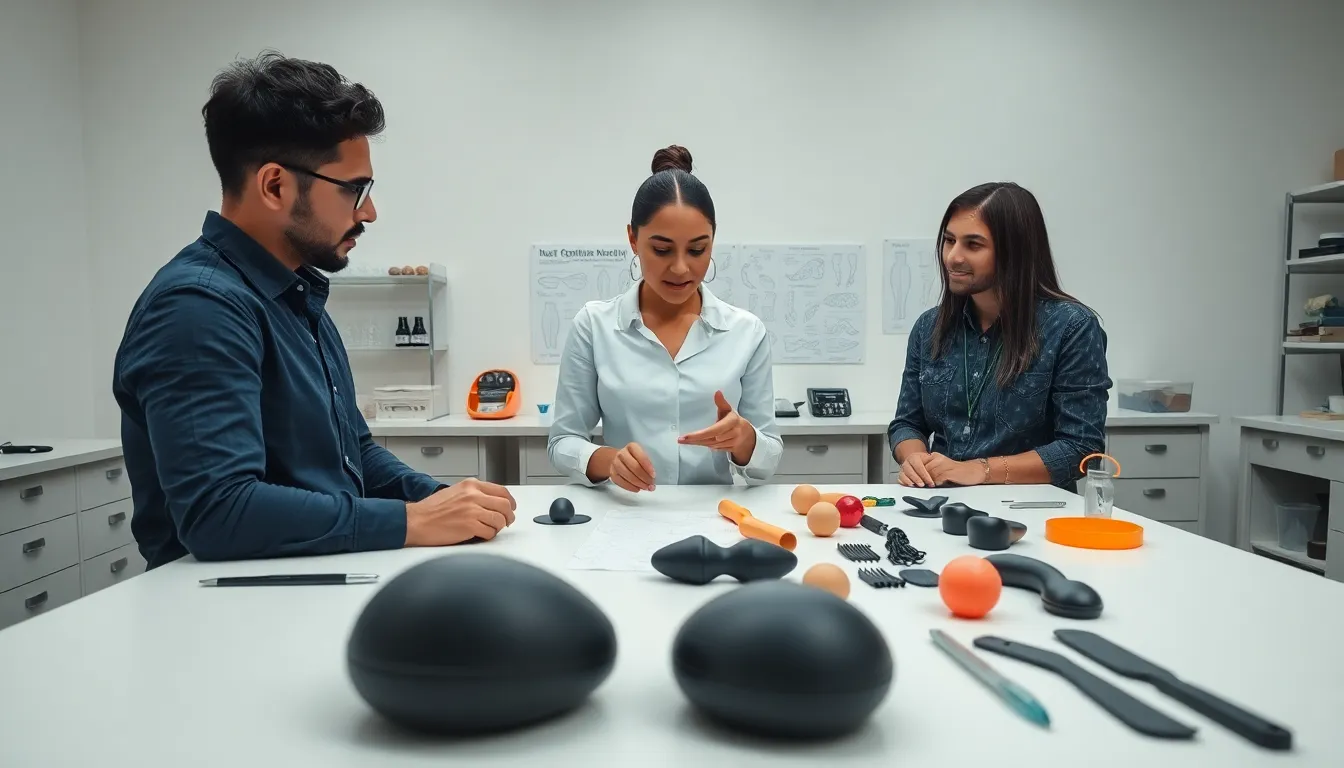 professionals collaborating in a modern workshop to create a pocket pussy.