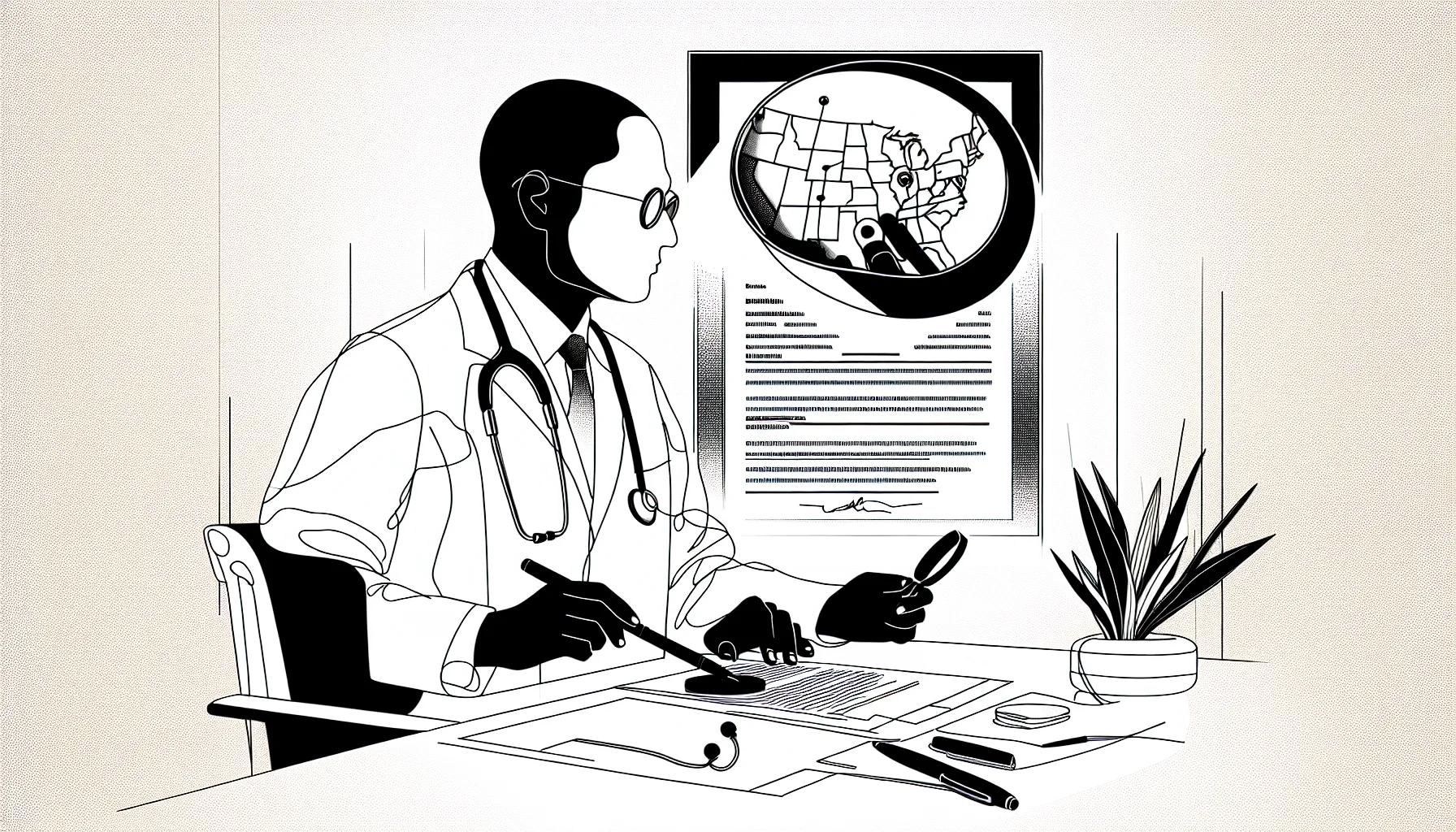 Physician examining a noncompete contract with map and duration icons.