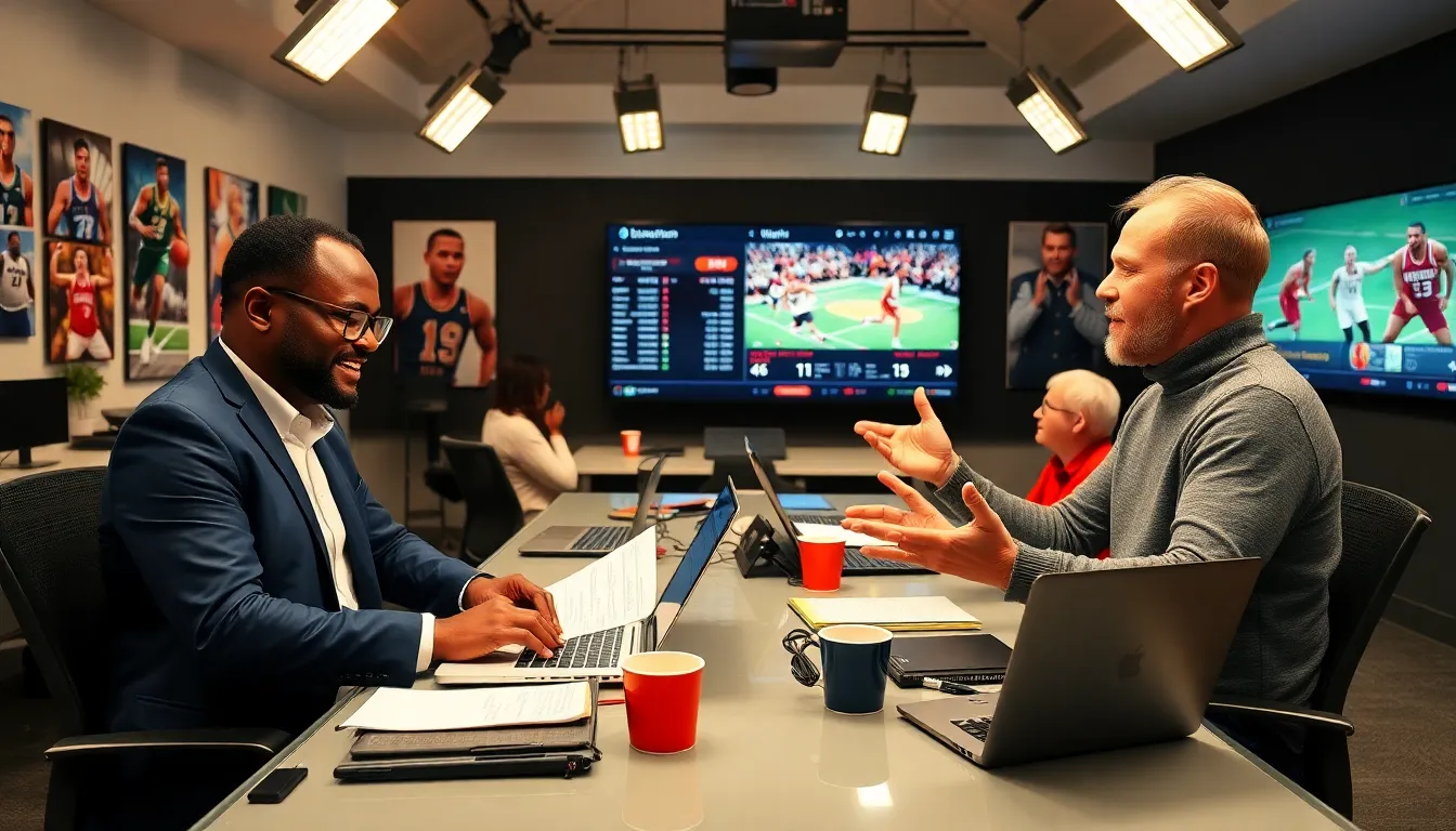 sports journalists working in a lively newsroom environment.