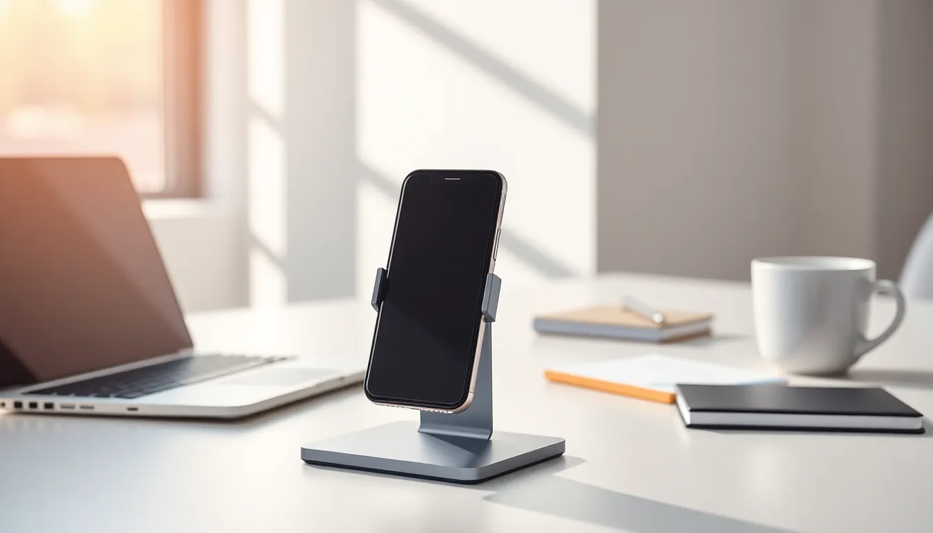 modern mobile phone holder on a sleek office desk.