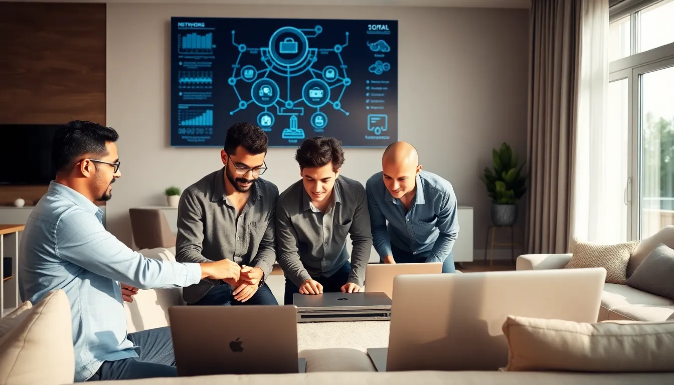 technicians installing a home networking system in a modern living room.