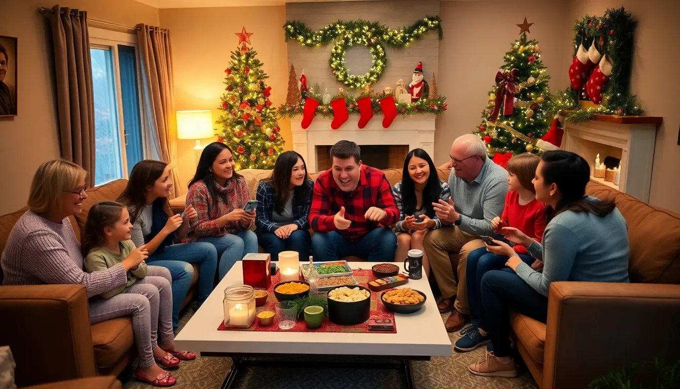 diverse family enjoying holiday games in a cozy living room.
